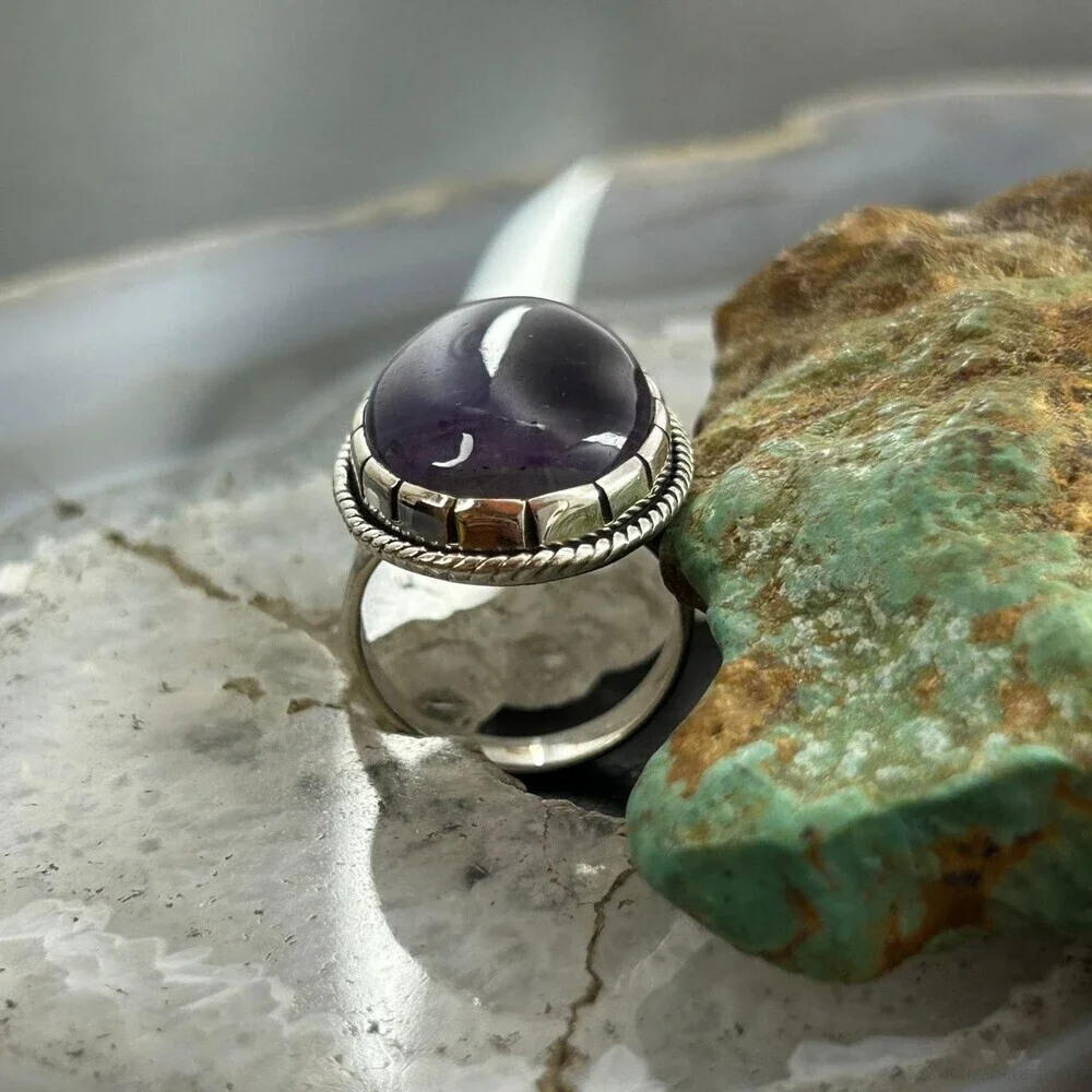 Sterling Silver Southwestern Style Oval Translucent Amethyst Ring 7.5 For Women